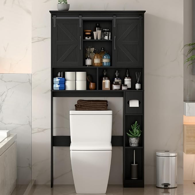 Over The Toilet Storage Cabinet,Farmhouse Space-Saving Toilet Rack with 2 Sliding Barn Doors,Bathroom Organizer with Toilet Paper Holder Stand & Storage Shelves,for Laundry, Bathroom,Restroom