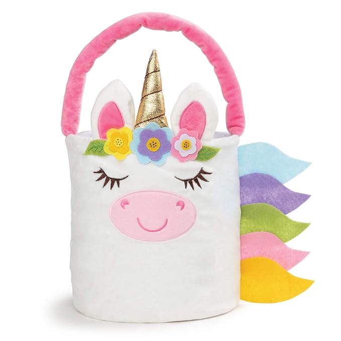 Personalized Unicorn Easter Bucket Bag with Custom Name | Colorful Plush Easter Bag with Handle | Soft Egg Basket for Kids | Customized Easter Basket | Great for Book and Toy Storage