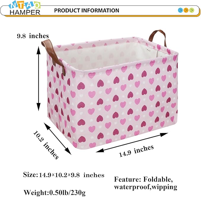 Rectangular Pink Heart Gift Basket Empty,Fabric Storage Basket with Handles,Kids Toys/Books Box,Lovely Storage Bin,Room Decor(Pink Love)