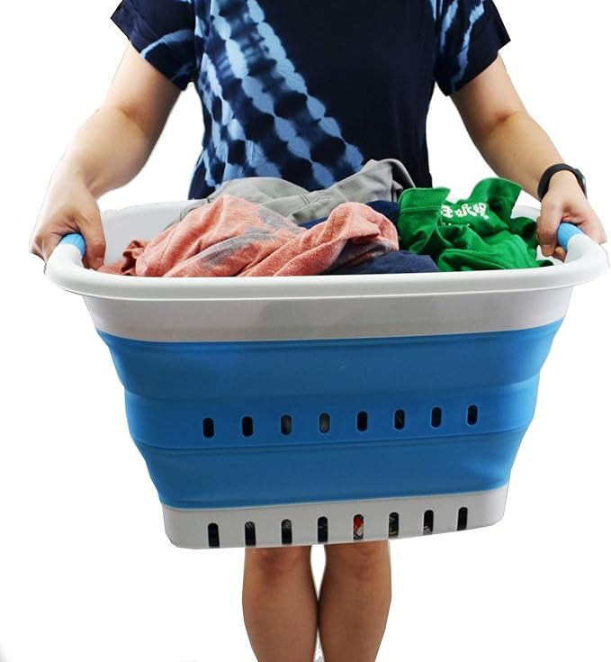 SAMMART 37L (9.77 gallon) Collapsible Plastic Laundry Basket - Foldable Pop Up Storage Container/Organizer - Space Saving Hamper/Basket (1, White/Marine Blue)