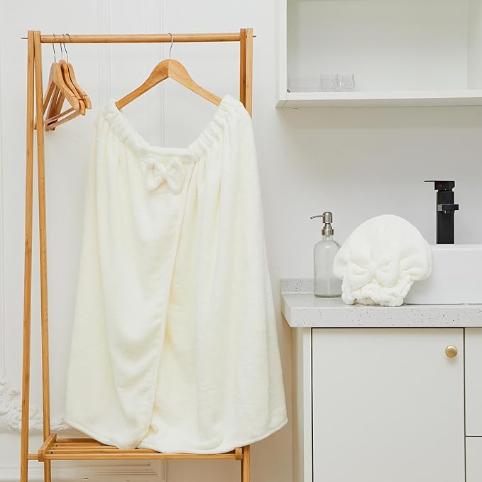 Xtinmee 2 Sets Womens Wrap Towel with Hair Towel Bath Towel Wrap Shower Dress Towel Spa Wraps for Women's Bathrobe (White, Plus Size)