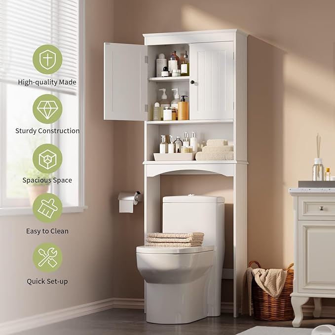 Gizoon Over The Toilet Storage Cabinet with Adjustable Shelf and Double Doors, Bathroom Space Saver Organizer Above Toilet with Open Shelf, Taller Wooden Free Standing Toilet Rack -White