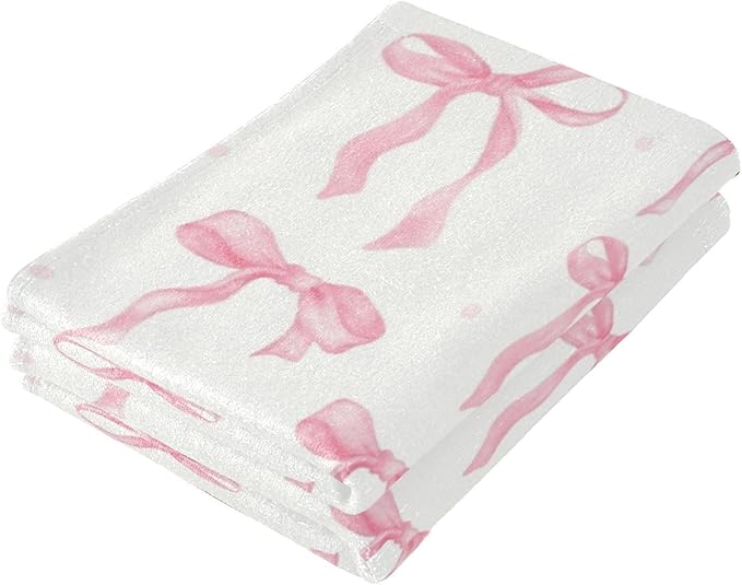 2 Pcs Cute Pink Bows Hand Towels for Bathroom,Soft Absorbent Decorative Watercolor Bowknot Kitchen Towels Aesthetic Girly Bow Pink White Guest Bathroom Towels for Bath,Face,Shower,Gym 14"x28"