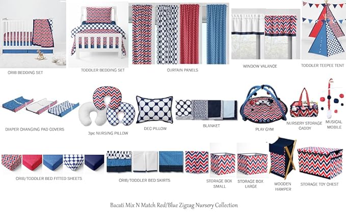 Bacati - Large Storage Tote Mix N Match Ikat Chevron/Dots Navy/Red 14 x 14 x 10 inches