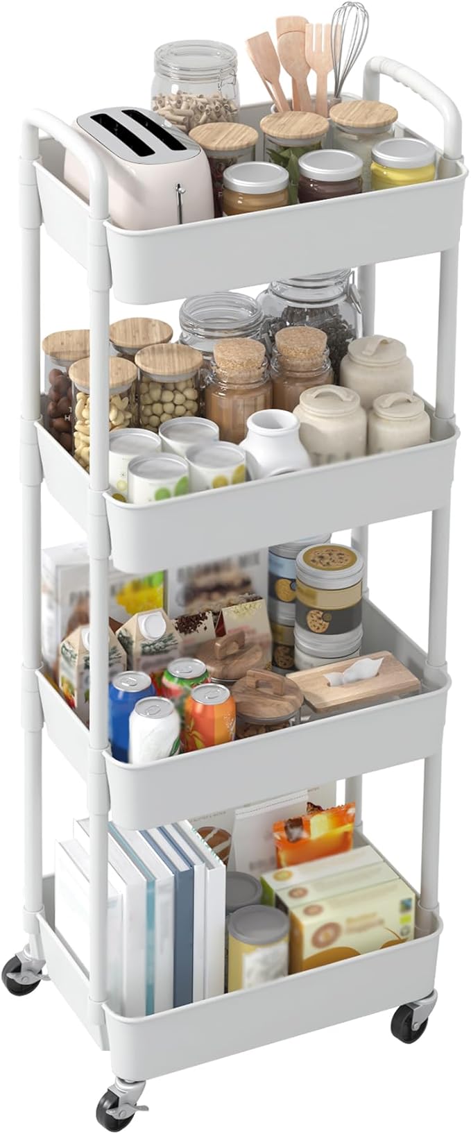 Sywhitta 4-Tier Plastic Rolling Utility Cart with Handle, Multi-Functional Storage Trolley for Office, Living Room, Kitchen, Movable Storage Organizer with Wheels, White