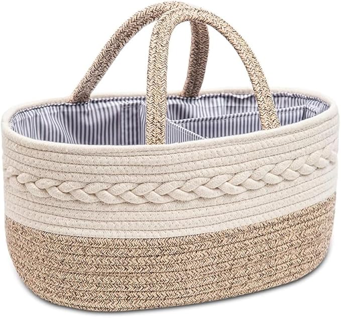 Large Cotton Rope Diaper Caddy Boho Diaper Storage Portable Car Organizer with Removable Divider Unisex Woven Nursery Storage Bins With Handles