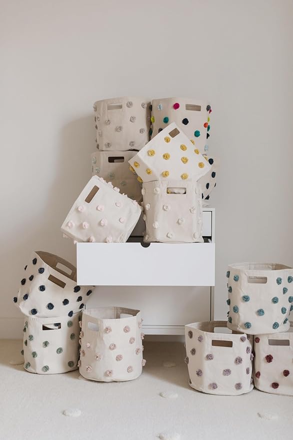 Pehr Pom Pom Basket, Bin (Blush) | 100% Cotton Canvas Storage for Nursery, Playroom & Home | Decorative Organizer | 13”D x 12”H