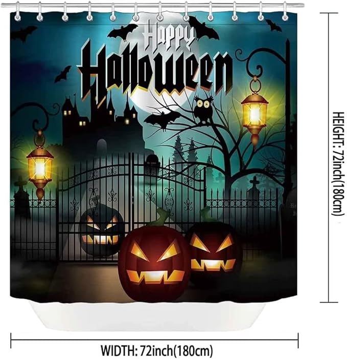 Halloween Bats Castle Pumpkin Waterproof Shower Curtain Set,with Non-Slip Rugs,Toilet Lid Cover and Bath Mat,Black Gloomy Bathroom Decor Accessory Set