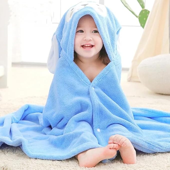 2pcs Microfiber Natural Fleece Soft Bath Towel for Kid with Cute Sheep Ears - Ultra Absorbent, Large Bath Towel for Boy and Girl - (Sheep 27.5 x 55 Inch) (Blue)