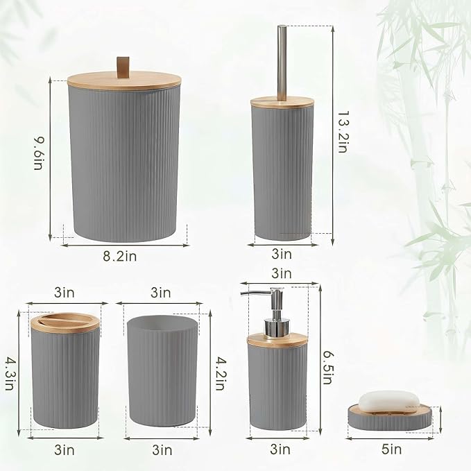 6-Piece Bathroom Set – Includes Toilet Brush, Trash Can & Soap Dispenser, Creating a Tidy and Coordinated Bathroom Space in One Stop,Round-Gray