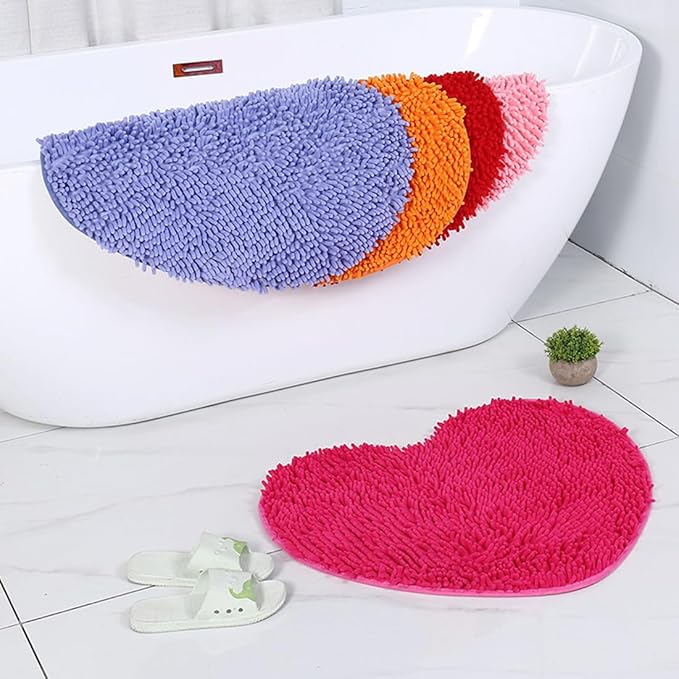 Grey Heart Shaped Chenille Bath Mat Soft Absorbent Plush Microfiber Bathroom Rug Non-Slip Machine Washable Shaggy Mats Carpet for Shower, Bedroom, Bathtub, 28"x31"