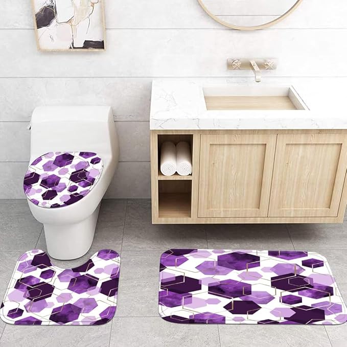 4Pcs Pinkish Purple Shower Curtain Set Marble Grain Geometric Bathroom Set Abstract Bathroom Curtain Set with 12 Hooks Carpet Bath Mat and Toilet Rugs
