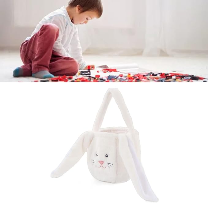 Plush Easter Bunny Basket, Children Easter Basket with Long Ears, Cute Cartoon Rabbit Plush Bag for Easter Egg Hunt, Soft and Durable Easter Bunny Gift for Kids (White)