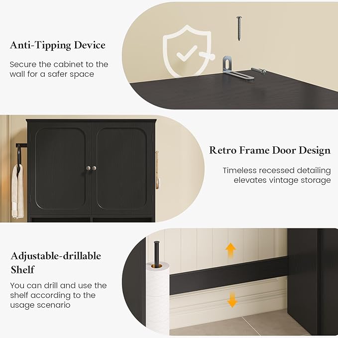 Over The Toilet Storage Cabinet with Free-Standing Cabinet & Towel Holder, Bathroom Storage Cabinet with 4 Section Drawers, Adjustable Shelves & Paper Holder for Bathroom, Laundry Room, Black