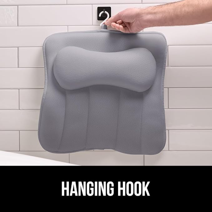 GORILLA GRIP Bath Pillow for Tub, Strong Suction Cups, Headrest with Mesh FlexComfort Technology, Neck, Head and Back Support, Luxury Machine Wash Bathtub Pillows, Spa Essential Accessories, Gray