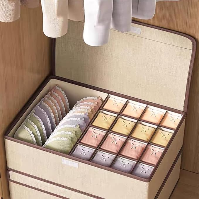 Drawer Organizer with Lid for Clothing, 1+16 Cells Sock Underwear Drawer Organizer Bins, Foldable Fabric Closet Organizers and Storage, Drawer Dividers for Bra, Scarves, Belt, Tie (Navy Blue)