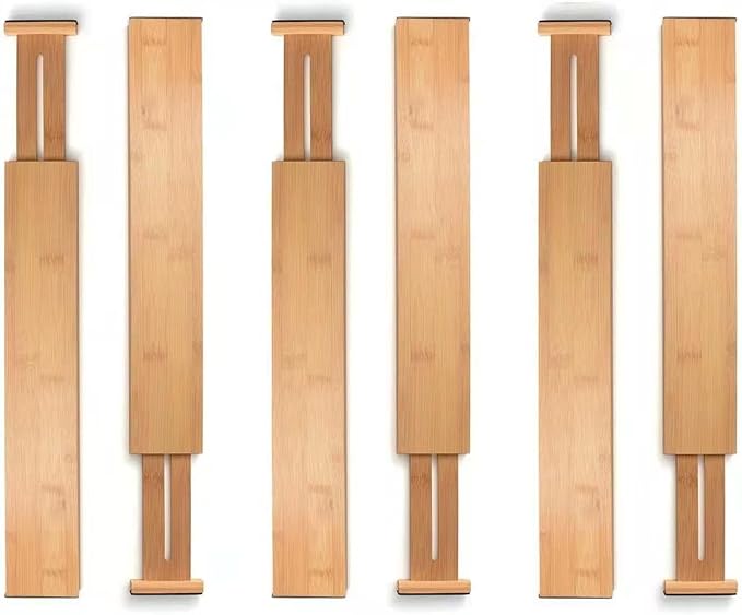 Bamboo Drawer Dividers, 6 Pack 2.4" Height Adjustable from 12.5-17" Works in Kitchen, Dresser, Bathroom, Bedroom, Drawer, Desk, Expandable Drawer Separators Splitte with Soft Foam Ends