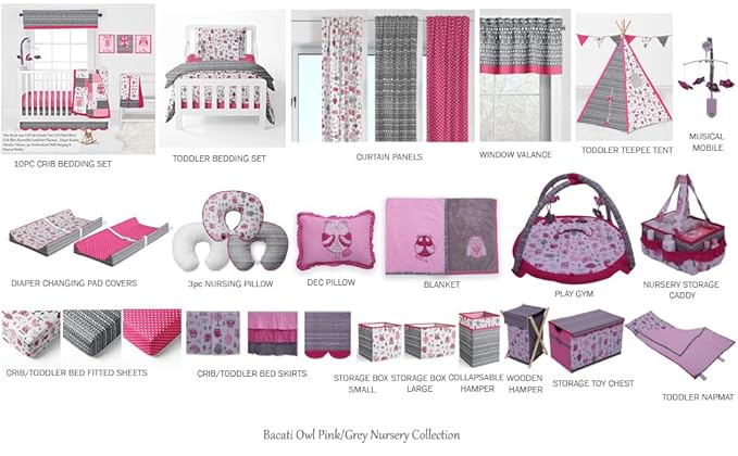 Bacati Owls Girls Cotton Storage Box Small, Pink/Grey