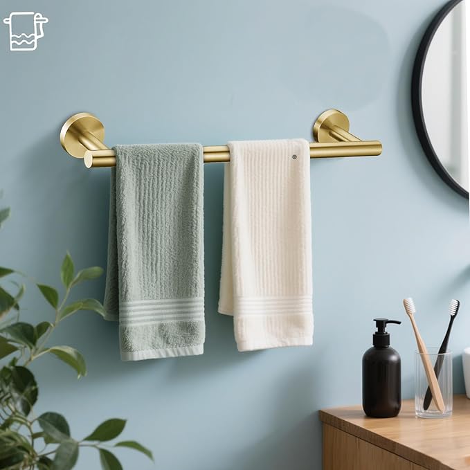 6 Pieces Brushed Gold Bathroom Hardware Accessories Set Hand Towel Ring 16&23.6 Inch Round Towel Bar Gold Toilet Paper Holder Towel Hooks 2 Pieces SUS 304 Stainless Steel, Heavy Duty, Wall Mounted