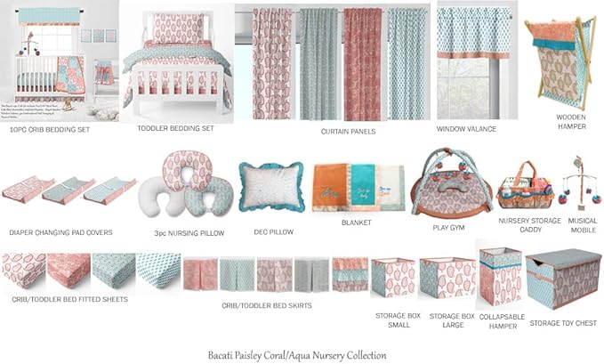 Bacati - Paisley Kids Storage (Collapsible Hamper 14 x 14 x 19 inches, Coral/Aqua)