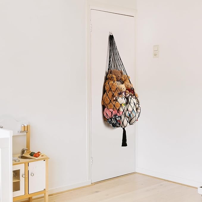 Stuffed Animal Hammock Corner Hanging Net for Stuffy Animal Storage Macrame Toy Display Plushie Toy Holder-Perfect for The Tiny Space Walls, Kid Bedroom Decor Playroom Organizer (Black XL)