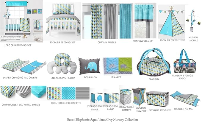 Bacati - Small Storage Tote Elephants Aqua/Lime/Grey 10 X 10 X 10 inches