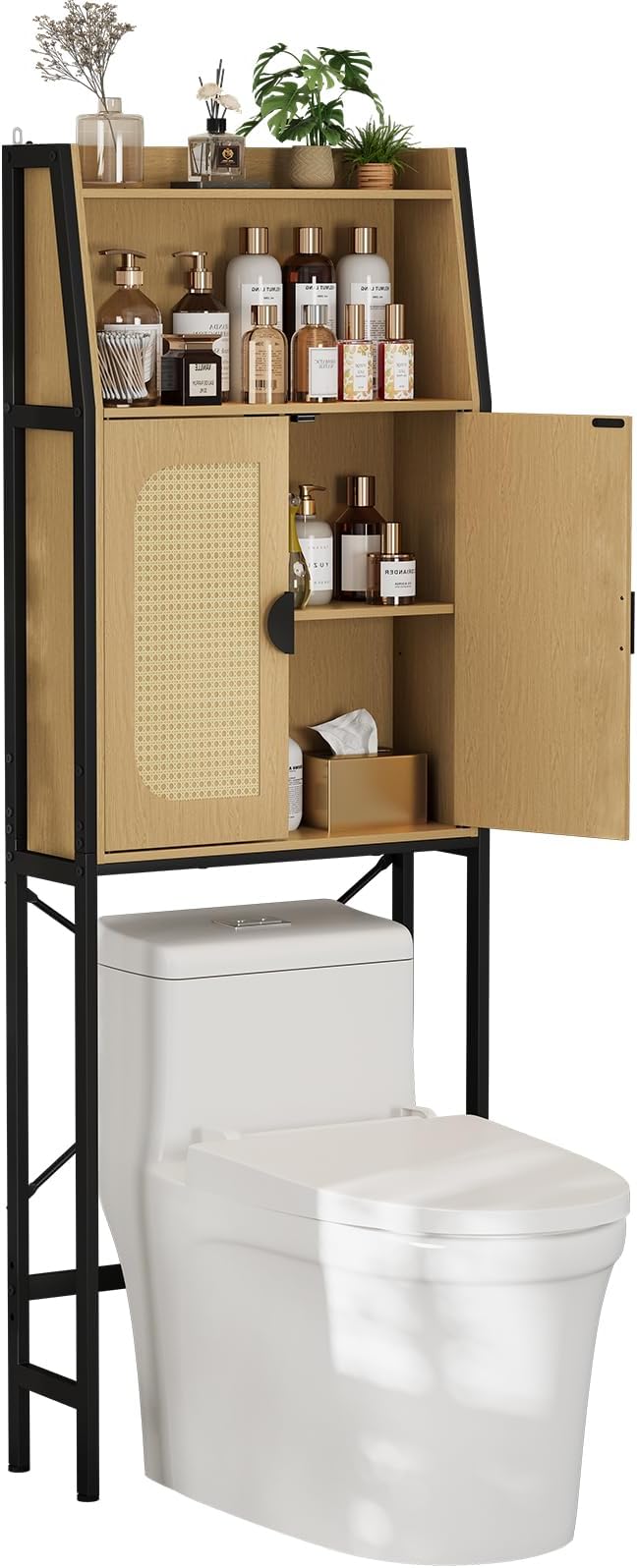 Over The Toilet Storage Cabinet with Rattan Doors, Bathroom Organizer with Adjustable Shelf, Metal Frame & Anti-Tip Device, Space-Saving Wood Cabinet for Bathrooms, Laundry Room, Natural