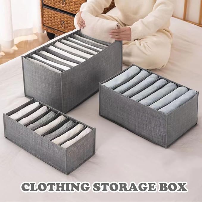 6 PACK Jeans Organizers for Closet, Foldable Wardrobe Clothes Organizer, Stackable Closet Clothes Drawer Organizer Tshirts with 7 Grids for Leggings, Sweater, Jean, Pants, Grey