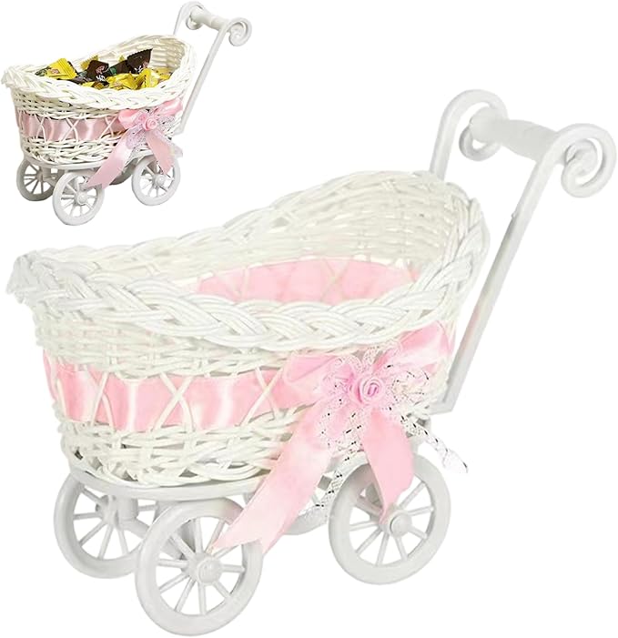 Wicker Baby Carriage, Vintage Baby Carriage Decor, Plastic Candy Basket for Birthday Party Favors/ 9.5x5.5x6.7 Inch