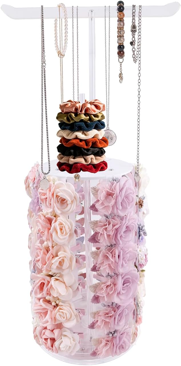 cherrboll Rotating Hair Bows Holder Stand, Headbands Organizer Scrunchies Claw Clips Rack Display Necklace Bracelet Hanger, Hair Accessories Storage Nursery Room Decor for Baby Toddler Girls