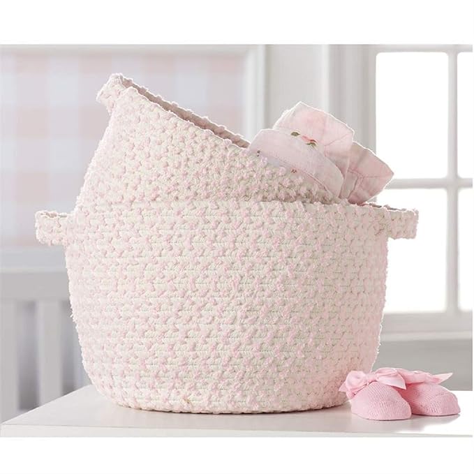 Mud Pie Pink Chenille Rope Basket Set, Small 8" x 11" Dia | Large 9" x 12 1/2" Dia
