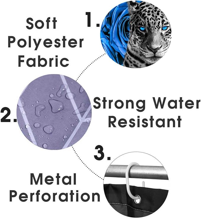 4PCS Blue Rose and Leopard Shower Curtain Sets with Rugs, Waterproof Fabric Shower Curtain, Modern Aesthetic Floral African Safari Wildlife Wild Animal Black and White Cheetah Bathroom Decor