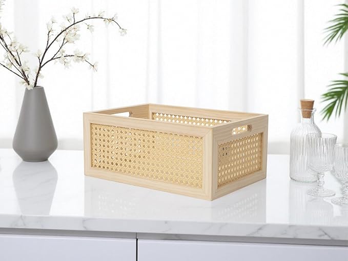 Rattan Storage Basket Wooden Box Wooden Storage Bins Rustic Boho Farmhouse Home Decor Tabletop Desk Shelf Organizer (Original)