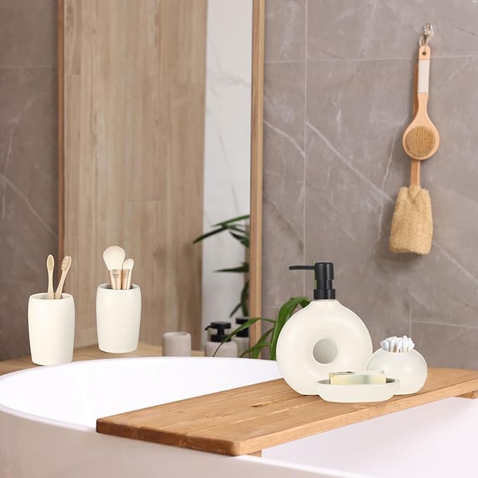 5 Pcs Ceramic Bathroom Accessories Set, Beige Counter Includes Soap Dispenser Toothbrush Cup Holder Soap Box Qtip Holder Stylish Modern Bathroom Matte Glaze Decor(White)