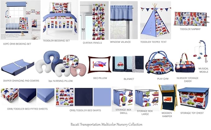 Bacati Transportation Multicolor Nursery Fabric Storage Caddy with Handles, Blue
