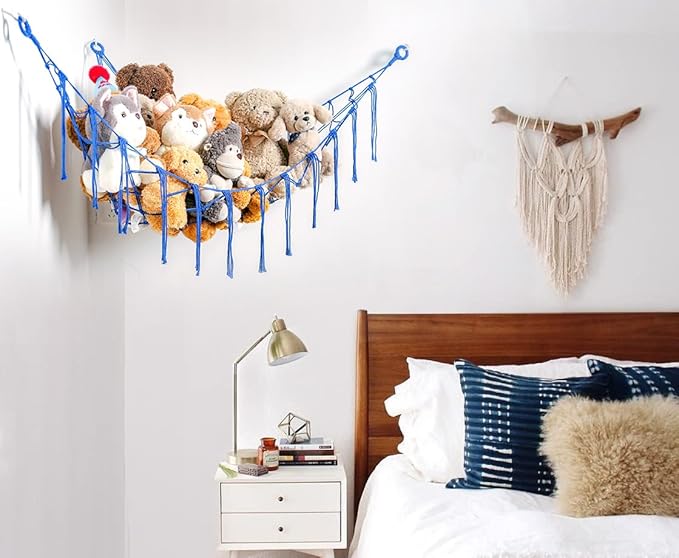Stuffed Animals Hammock Corner Hanging Net for Macrame Stuffed Animal Storage Plush Toy Holder Toy Organizer for Boho Nursery Playroom Bedroom Kids Room Decor (blue, Large)