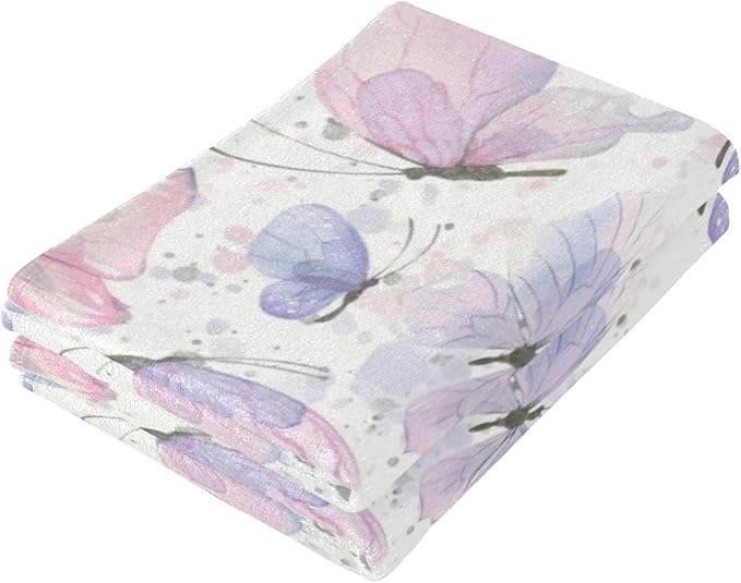 2 Pcs Watercolor Blue Butterfly Decorative Hand Towels for Bathroom,Soft Absorbent Pink Butterflies Pattern Dish Towels for Kitchen,Quick Dry Guest Bathroom Towels for Face,Shower 14"x28"