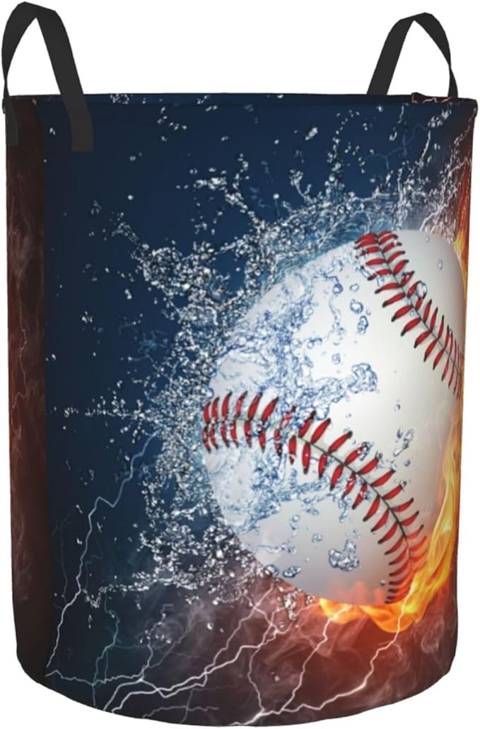 Sport Baseball Ball In Fire And Water Round Laundry Hamper Storage Basket Toys Clothes Organizer Bin For Home Bathroom Bedroom Dorm Nursery, 62l