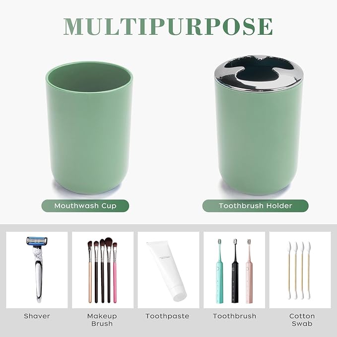 4 Pcs Sage Green Bathroom Accessories Set,Bohemian Bathroom Toothbrush Holder Set.Include Soap Dispenser, Soap Dish, Toothbrush Holder, Mouthwash Cup, Modern Bahtroom Decor Set
