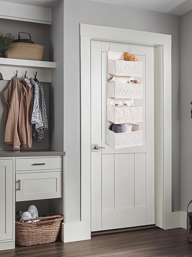 Macrame Over the Door Organizer Boho Decor Nursery Storage, Leaf Weaving Closet Organizers and Storage,with 4 Hanging Pockets, Behind Door for Bathroom, Bedroom