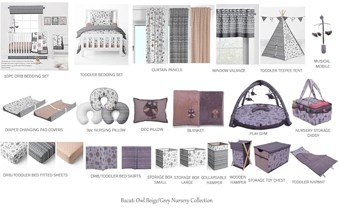 Bacati - Large Storage Tote Owls in the Woods Beige/Grey Neutral 14 X 14 X 10 inches