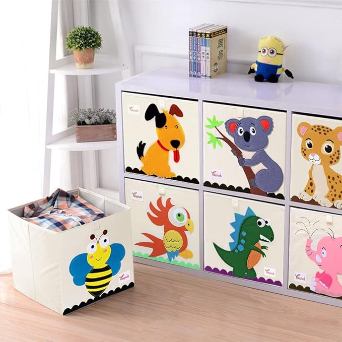 2 Pcs Foldable Animal Toy Storage Box/Bin/Cube, Collapsible Storage Organizer Chest Basket Container for Boys and Girls(13 x 13 x 13 Inch, Dinosaur & Pink Elephant)