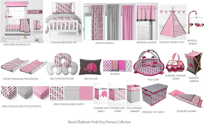 Bacati Elephants Girls Nursery Fabric Storage Caddy with Handles, Pink/Grey