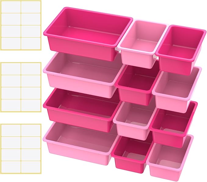 Zonon 12 Pcs Plastic Cubby Bins Office Storage Container Storage Bins Plastic Organization with 1 Pack Self Adhesive Label for Library Office Home Nursery(Pink/magenta)