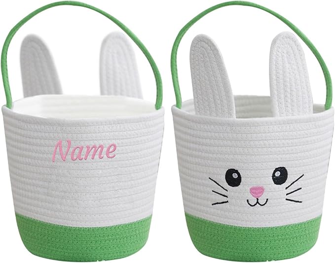 Personalized Easter Basket for Kids with Name - Custom Cute Embroidery Easter Bunny Rope Basket for Boys Girls, Easter Egg Hunt Basket (Green-White-Bunny)
