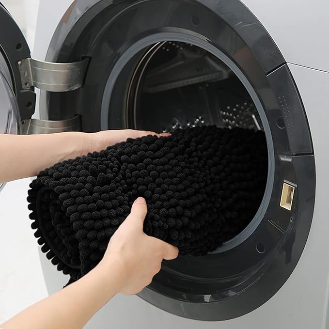 ACCUMTEK Striped Black Bathroom Rug Mat 36"x24" Ultra Soft, Non Slip Chenille Bath Rugs, Absorbent Plush Shaggy Bath Mats for Bathroom, Bedroom, Kitchen, Shower, Tub