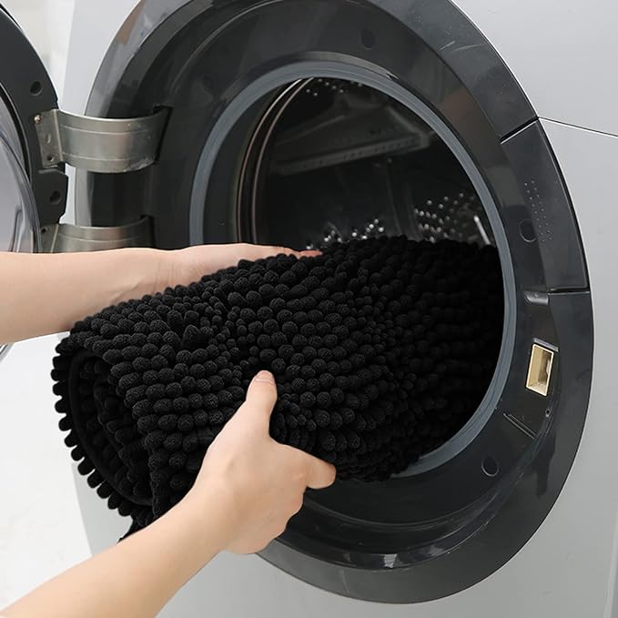 ACCUMTEK Striped Black Bathroom Rug Mat 48"x17" Ultra Soft, Non Slip Chenille Bath Rugs, Absorbent Plush Shaggy Bath Mats for Bathroom, Bedroom, Kitchen, Shower, Tub