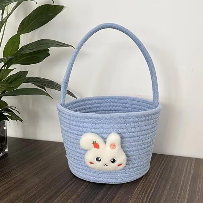 Easter Bunny Basket, Cotton Hand-Woven Storage Basket, Easter Egg Basket Cute Bunny Shopping Handbag for Easter Party