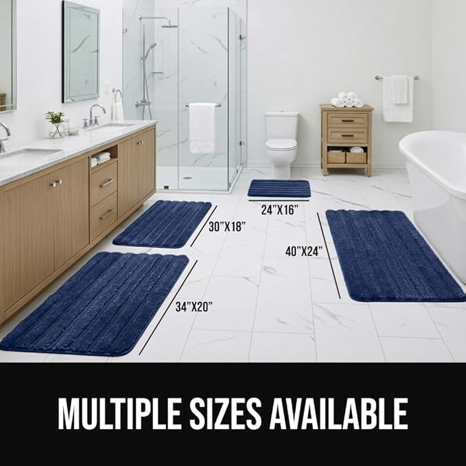 GORILLA GRIP Textured Backing Bathroom Rugs, Soft Memory Foam Absorbent Striped Bath Mats, Machine Washable & Fade Resistant, Bathmat Accessories for Floor, Home Decor Shower Essentials, Navy 30x18
