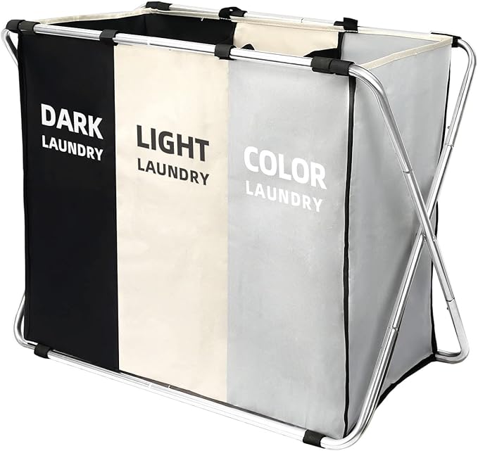 Laundry Cloth Hamper Sorter Basket Bin Foldable 3 Sections with stainless steel Frame Washing Storage Dirty Clothes Bag for Bathroom Bedroom Home Storage Basket(3 Liner, White+grey+black)